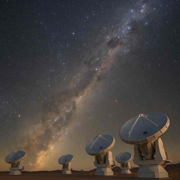 ALMA telescope array in Chile under the Milky Way.