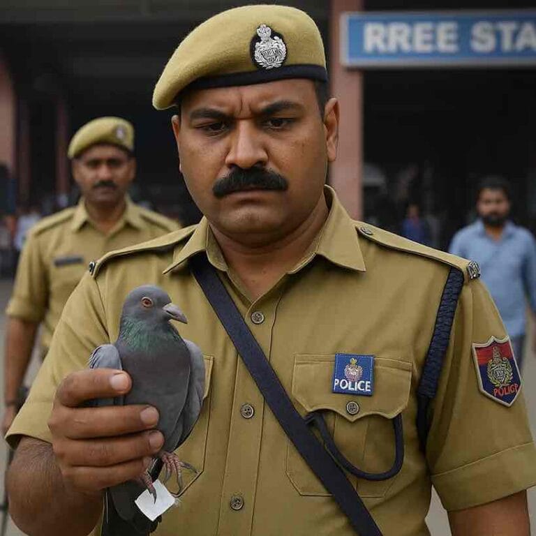 Police officer holding a captured pigeon in Jammu (AI-generated, not real)