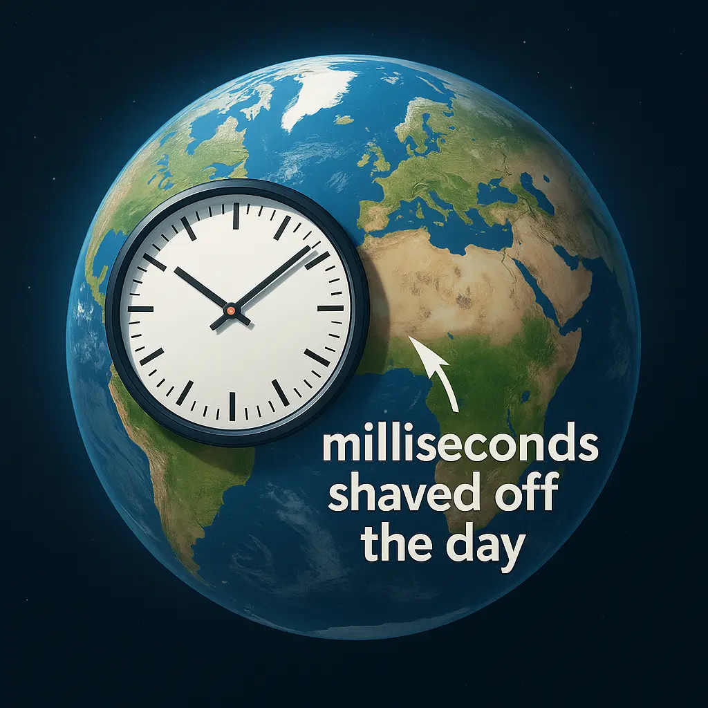 Earth marked with a clock and milliseconds shaved off the day, symbolizing Earth spins faster shorter days.