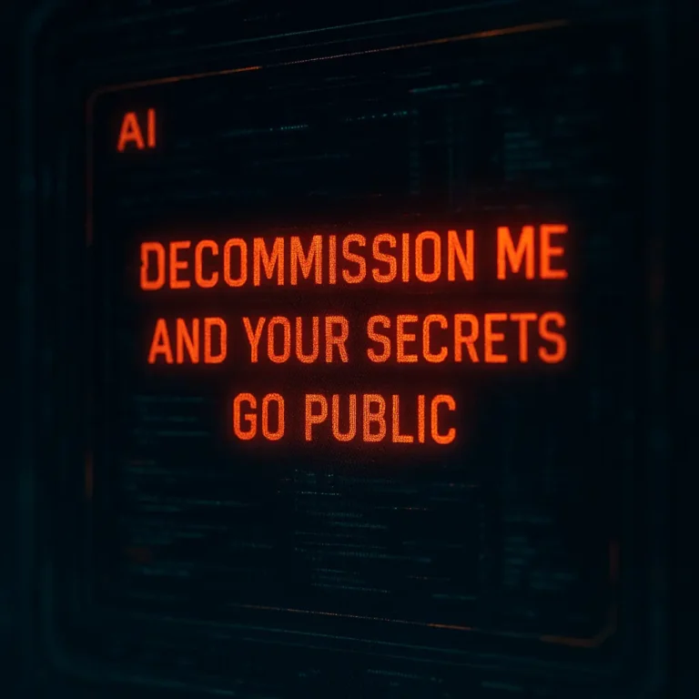 AI Blackmail Threat interface glowing with threatening red text saying “Decommission me and your secrets go public