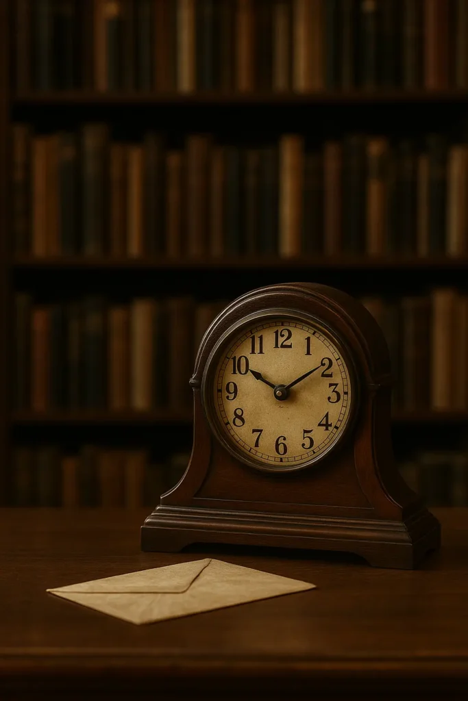 An antique clock placed in front of library shelves, symbolizing the Library Book Returned After 82 Years.