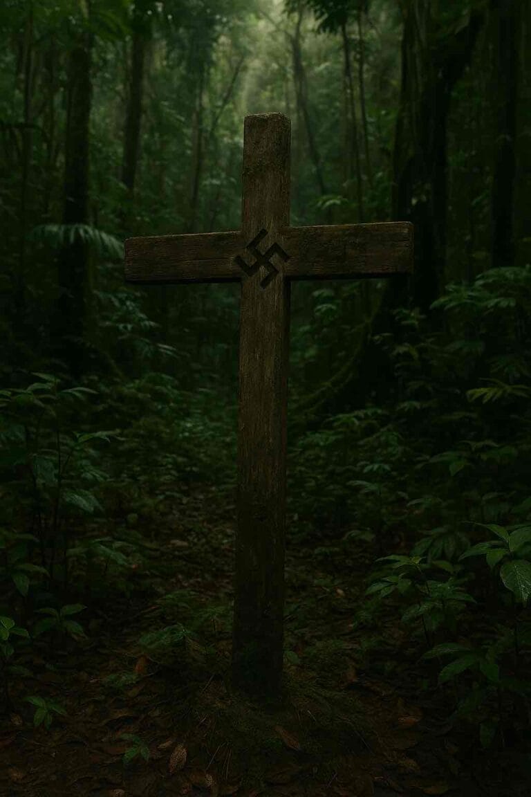 Wooden cross marking the World War II Cemetery in the Amazon jungle