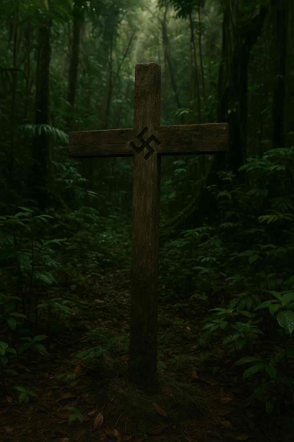 Wooden cross marking the World War II Cemetery in the Amazon jungle