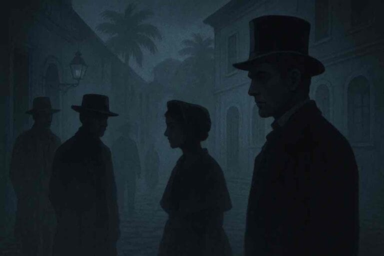 AI-generated depiction of shadowy figures in 19th-century Brazil tied to Human Sausage Case in Brazil