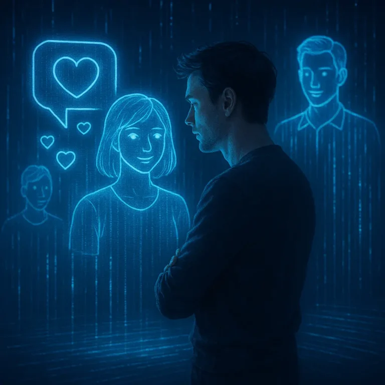 A man interacting with holographic AI companions, symbolizing the Future of AI and Human Interaction through digital intimacy and connection.