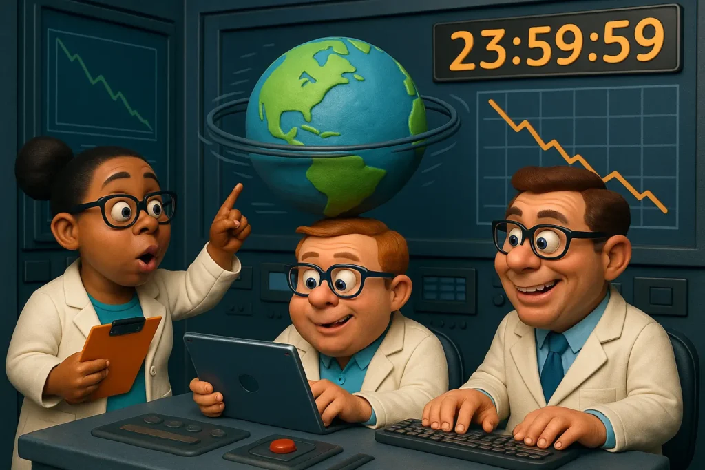 3D cartoon-style funny scientists analyzing Earth’s rotation data on digital screens, highlighting Earth spins faster shorter days.