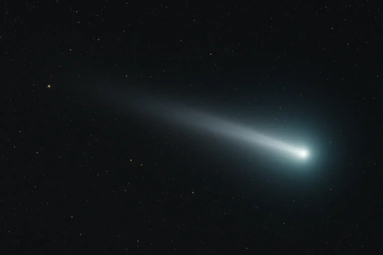Bright Devil Comet Pons-Brooks glowing with a long tail across the starry night sky