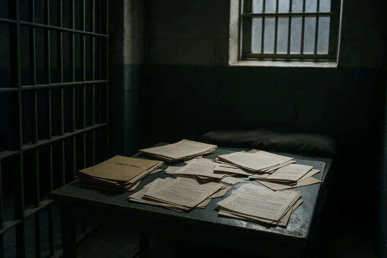 Prison cell with scattered case files on a desk