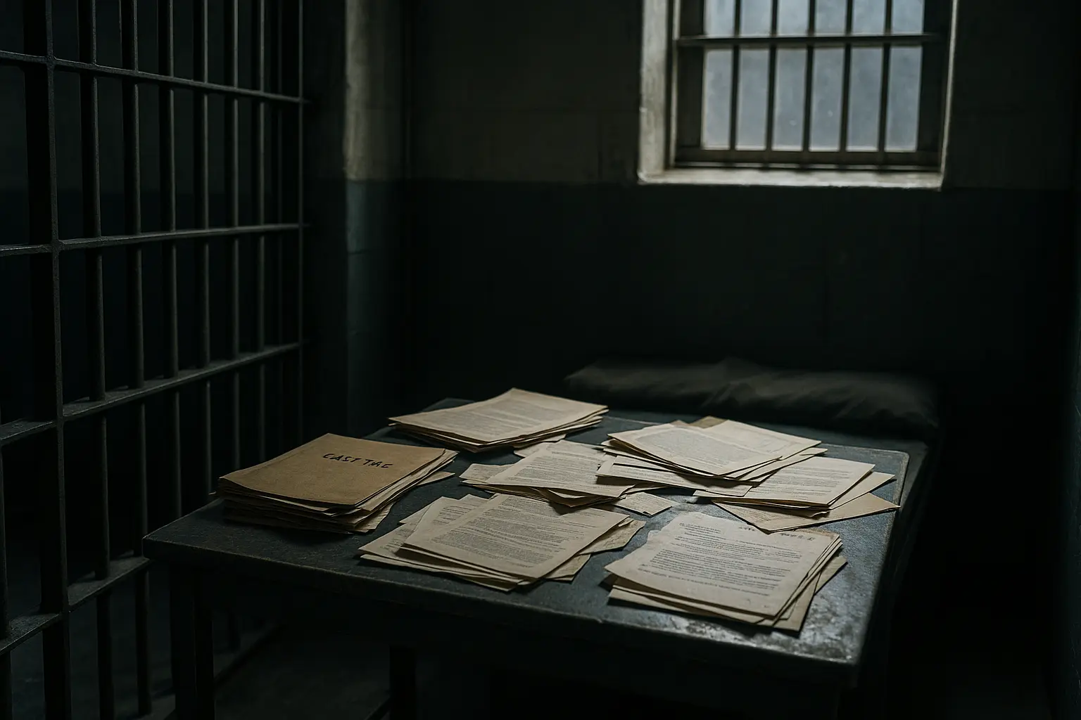 Prison cell with scattered case files on a desk