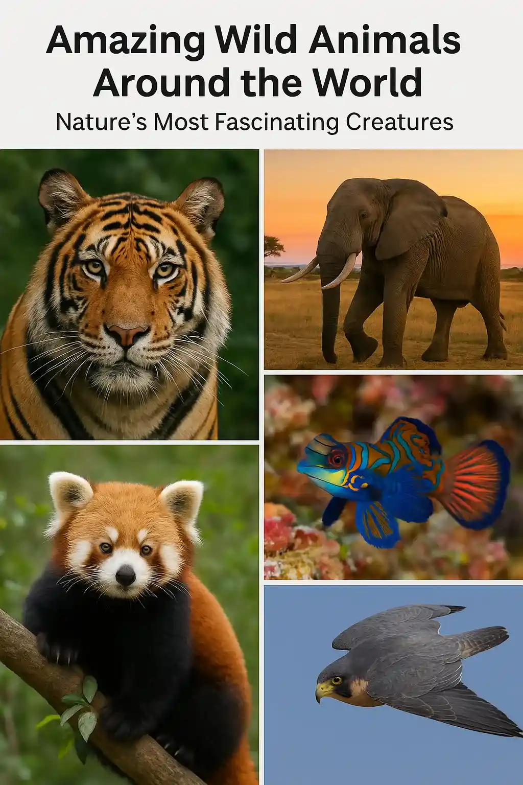 A visual collage of some of the world's most fascinating wild animals, including a Bengal tiger, an African elephant, a red panda, and a peregrine falcon, Amazing Wild Animal Facts