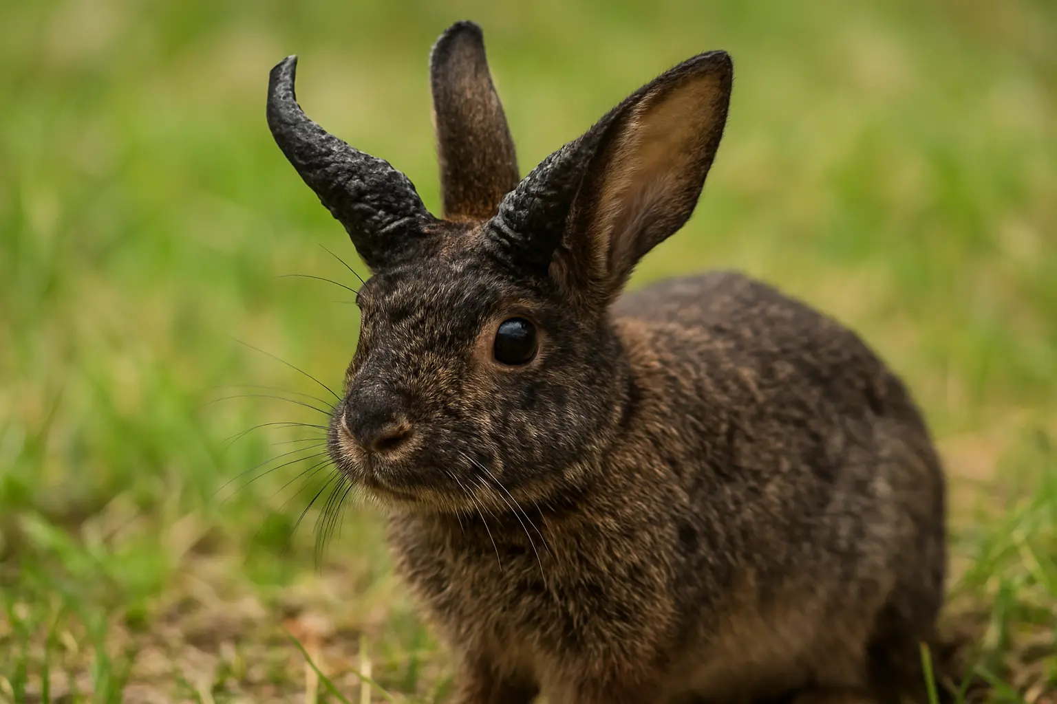 A close-up of a wild rabbit with horn-like growths on its head.