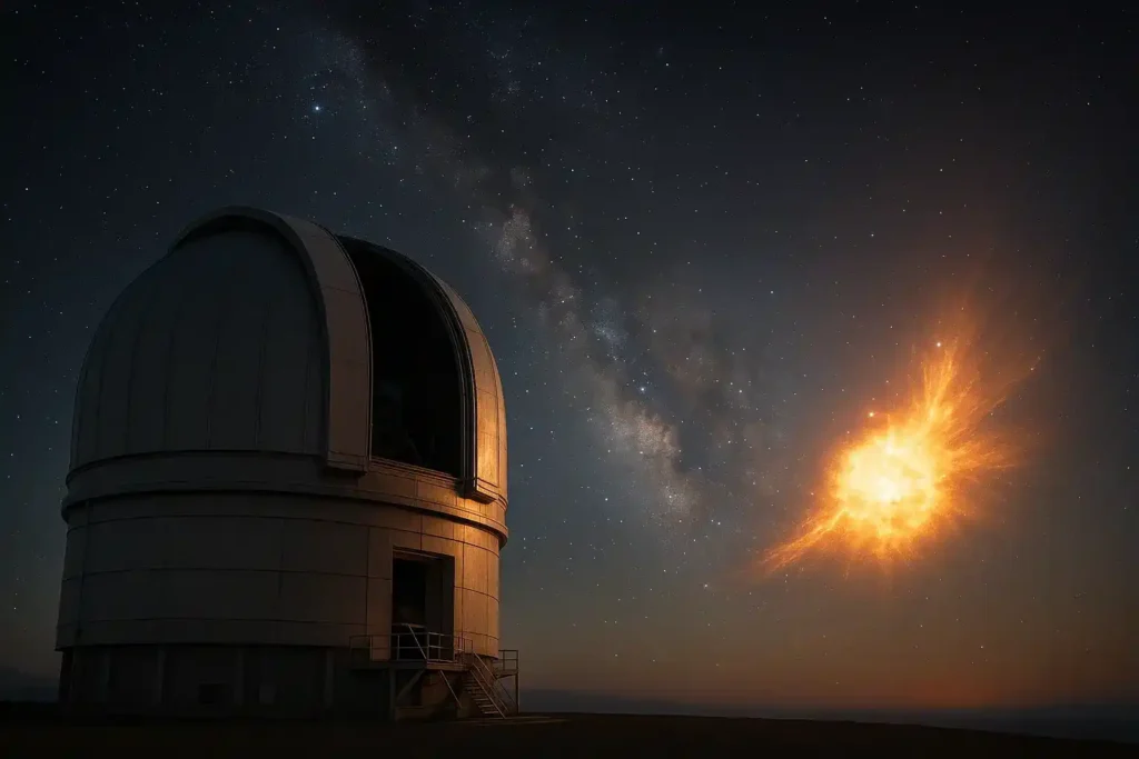 Telescope Captures Rare Cosmic Event AI-generated illustration of an unusual cosmic explosion imagined in the night sky beside an observatory dome.