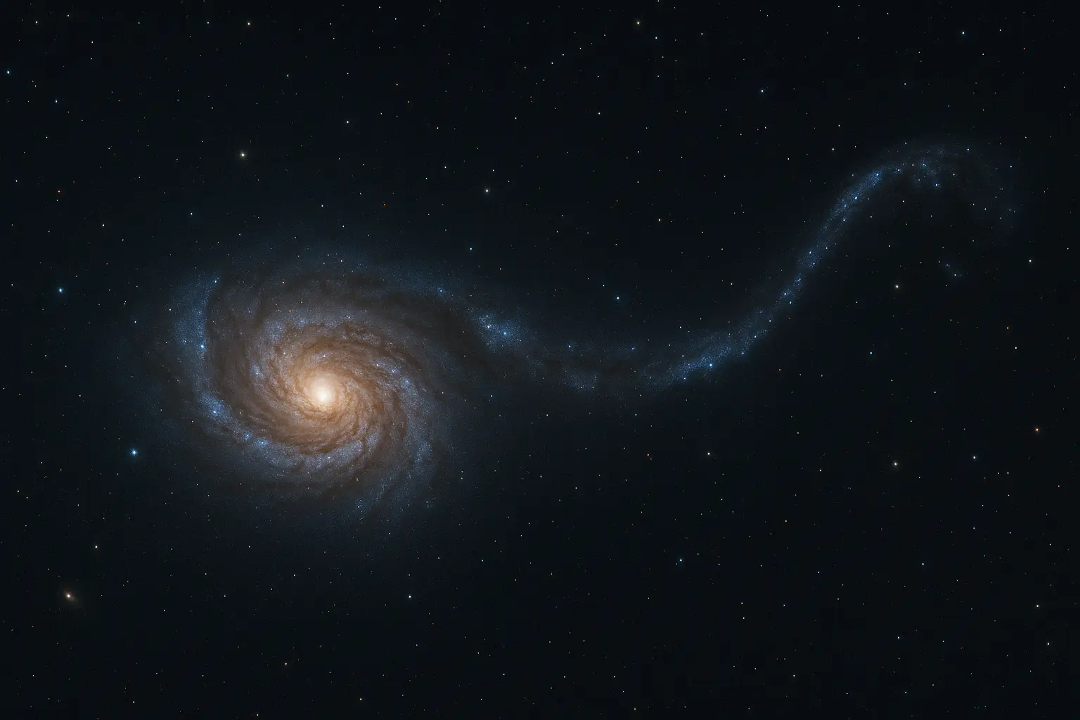 AI-Generated Image of the Tadpole Galaxy (Arp 188) showing its bright spiral core and long tidal tail against a star-filled background.