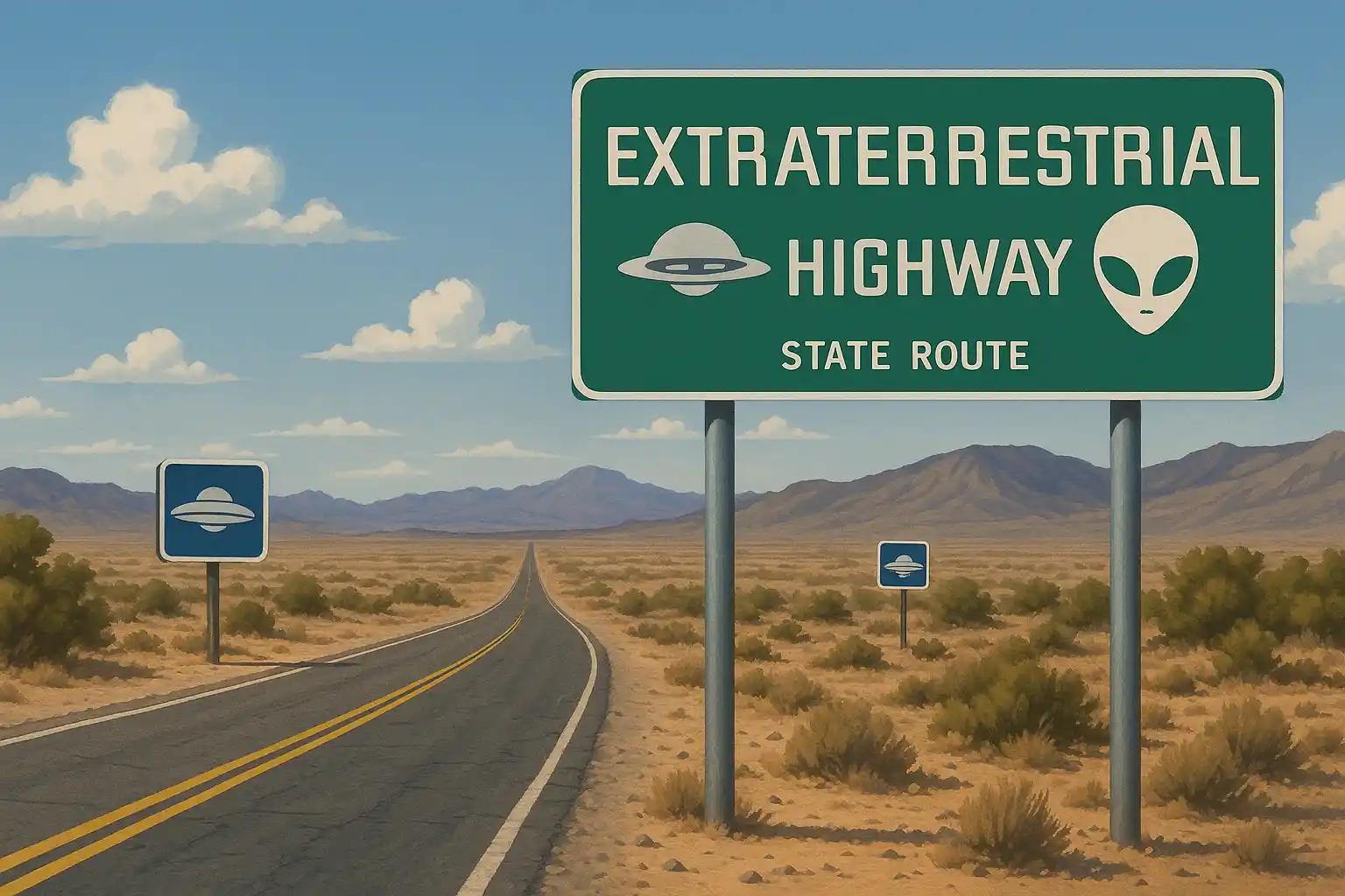 AI-generated depiction of the Extraterrestrial Highway with UFO signs, highlighting Weird Things to See in Nevada connected to alien folklore
