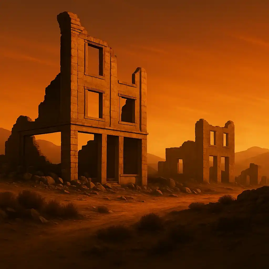 AI-generated illustration of Nevada’s ghost town ruins at sunset, representing Weird Things to See in Nevada’s desert history.