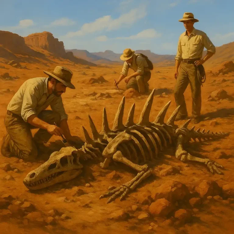 AI-generated scene of paleontologists excavating the Weird Spiked Dinosaur Discovery in Morocco.