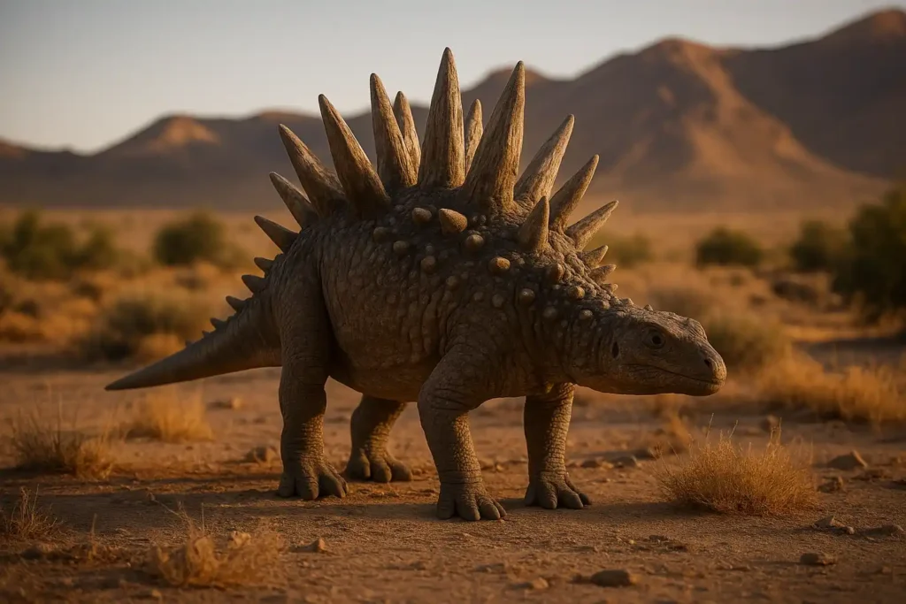 AI-generated illustration of Spicomellus afer with rib-fused spikes, representing the Weird Spiked Dinosaur Discovery.