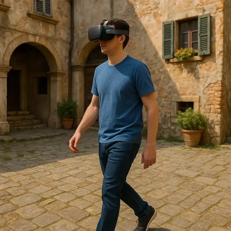 A user wearing VR glasses walking inside a 3D-rendered video scene using enter video technology.