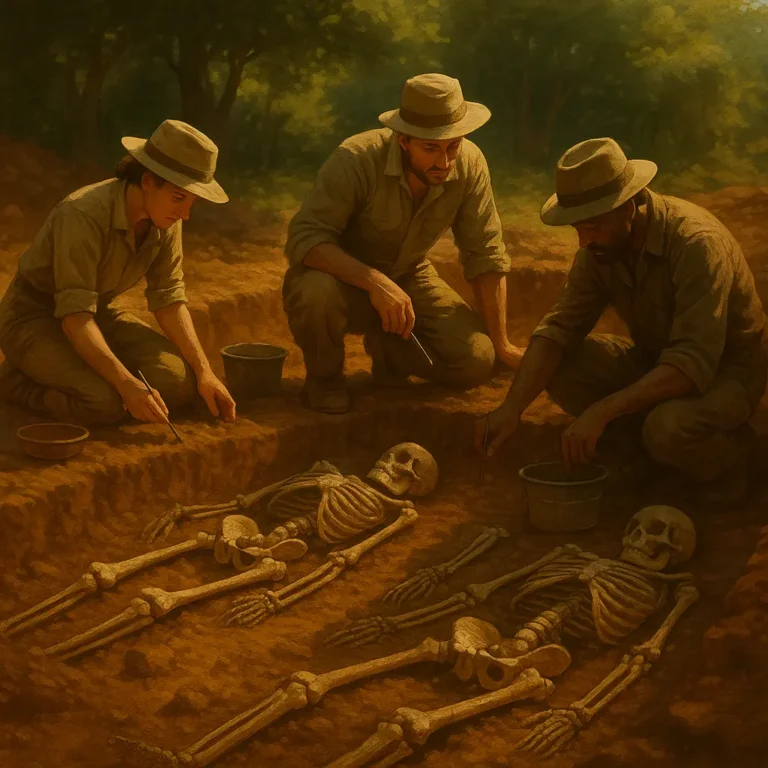 AI-generated illustration of archaeologists excavating 6,000-year-old skeletons in Colombia, representing the Ancient DNA Discovery in Colombia that revealed a vanished human lineage.