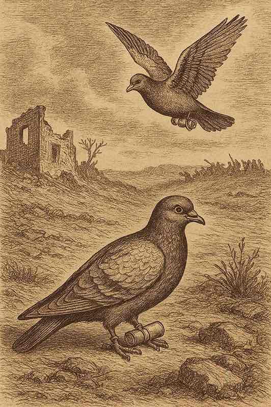 Archival-style image showing messenger pigeons in history A vintage illustration of a Pigeon Carrying Bomb Threat, with scrolls tied to its legs against a ruined battlefield background.