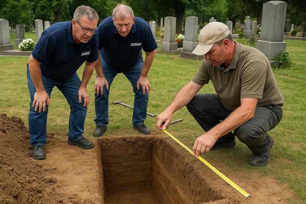 Judges inspecting a grave at the international grave digging contest in Hungary.