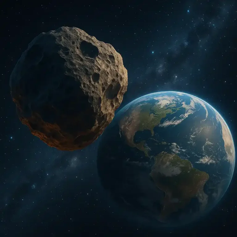 Giant asteroid passing near Earth in 2025 (AI-generated illustration, asteroid flyby 2025)