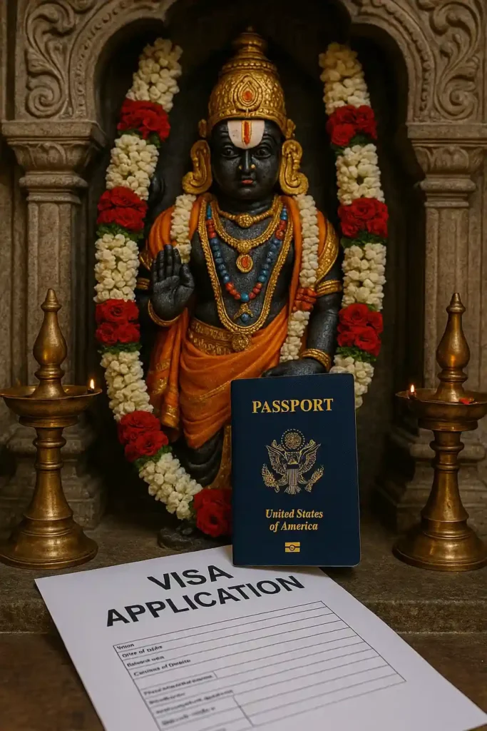 U.S. visa documents placed near a Visa temple idol