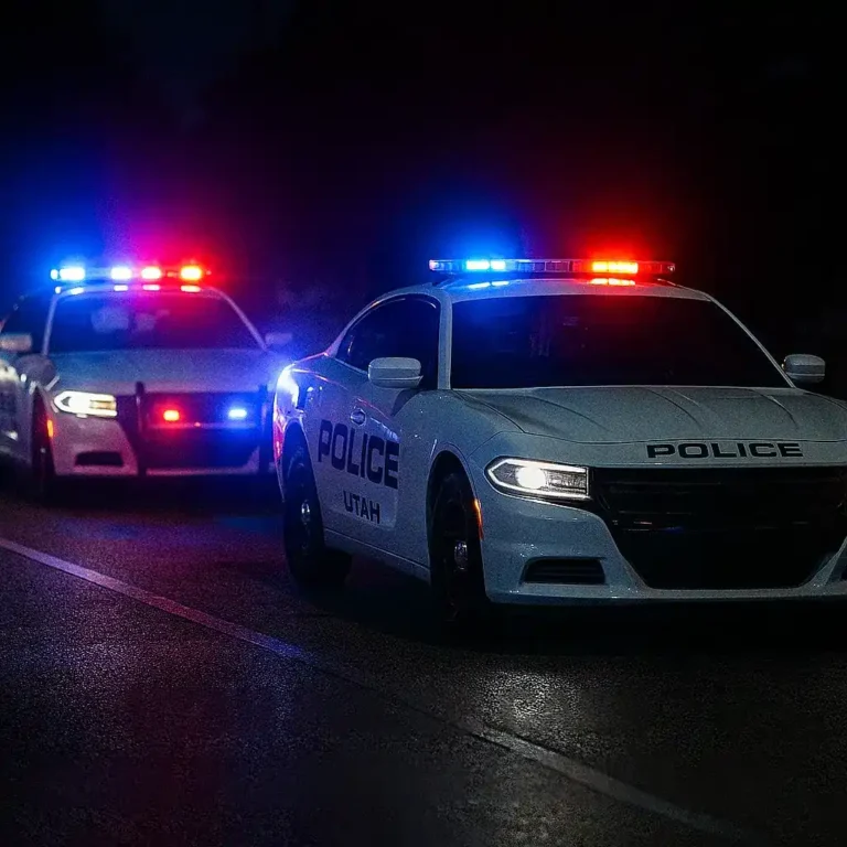 Alt text: Utah police cars with flashing lights at night, designed with AI, Tremonton police officers killed