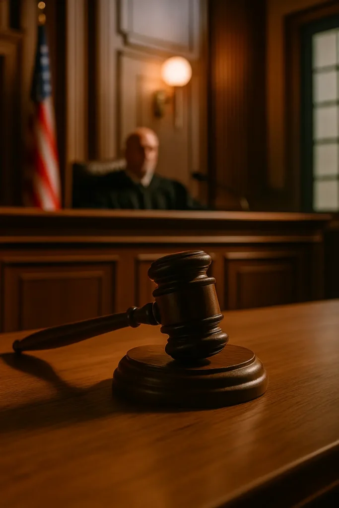 Courtroom with judge’s gavel, designed with AI, Tremonton police officers killed