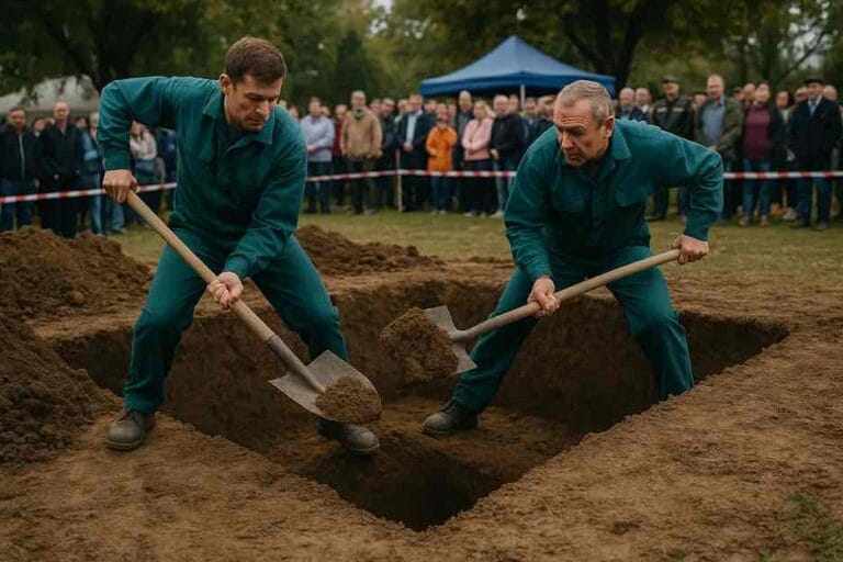 Two gravediggers competing in the international grave digging contest in Hungary.