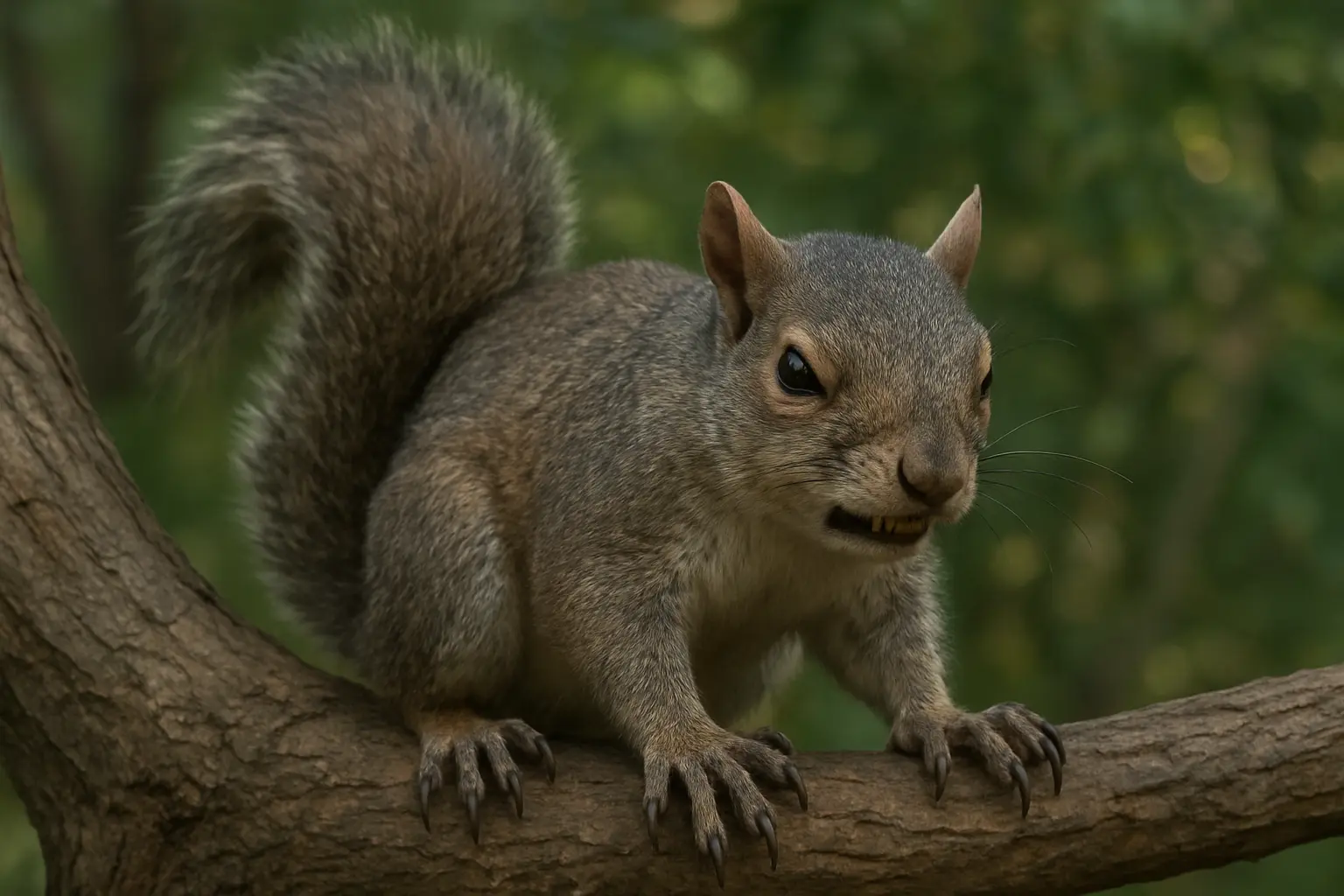 AI-generated mean squirrel on a tree branch