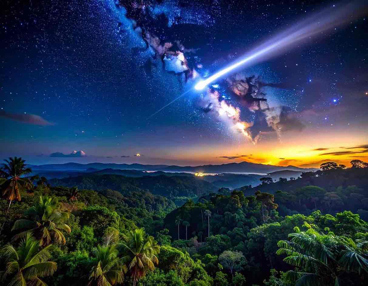 Alien in Panama night sky with a glowing meteor streak.