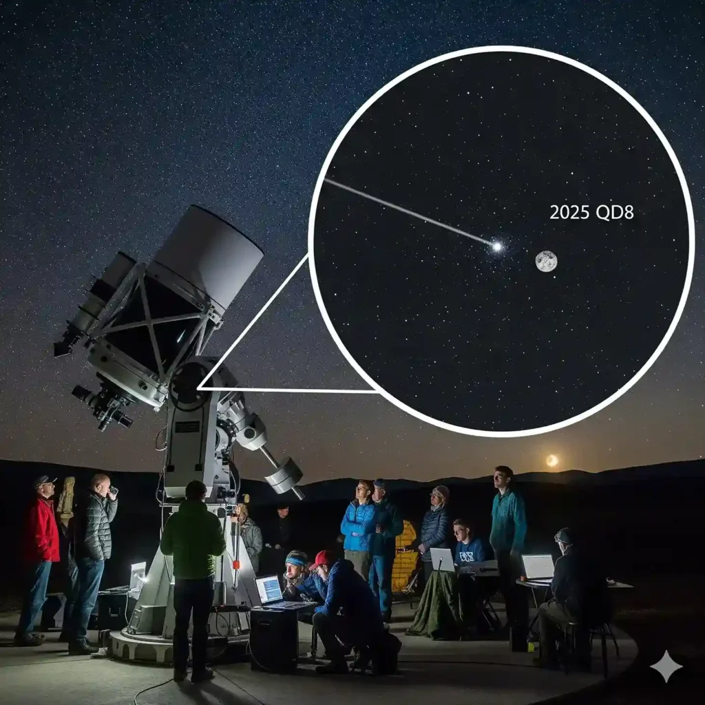 Telescope view of asteroid 2025 QD8 (AI-generated illustration, asteroid flyby 2025)