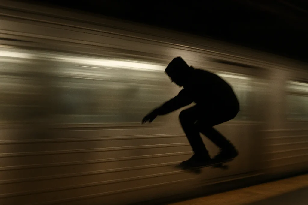 Blurred motion of a train with a shadowy figure on top.