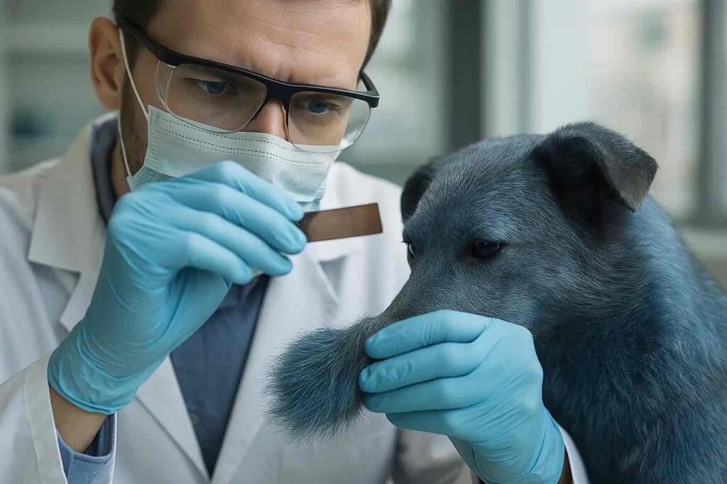 Scientist examining fur sample of a Chernobyl blue dogs