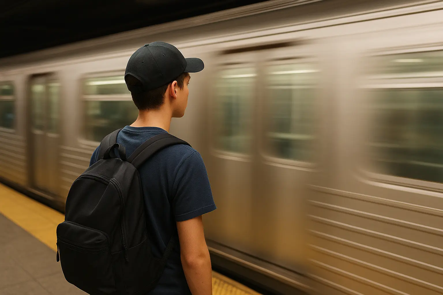 Teen standing near a subway platform looking at a passing train.