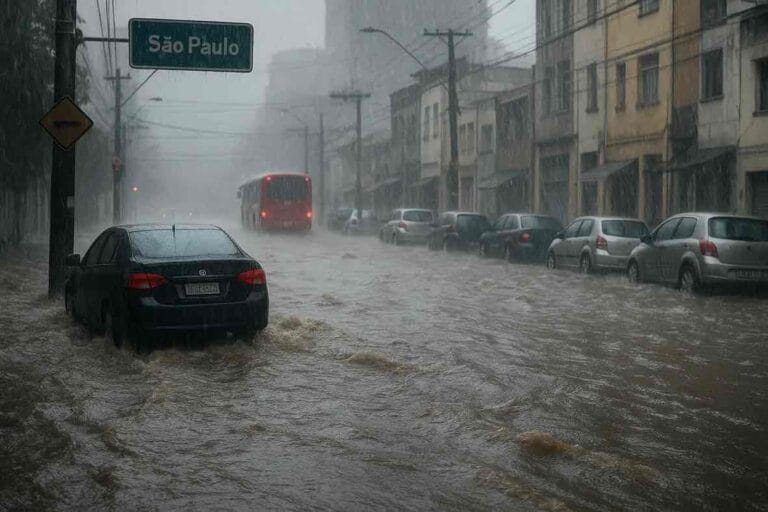 Flooded São Paulo street showing the impact of extreme weather in Brazil during a sudden Toró storm.