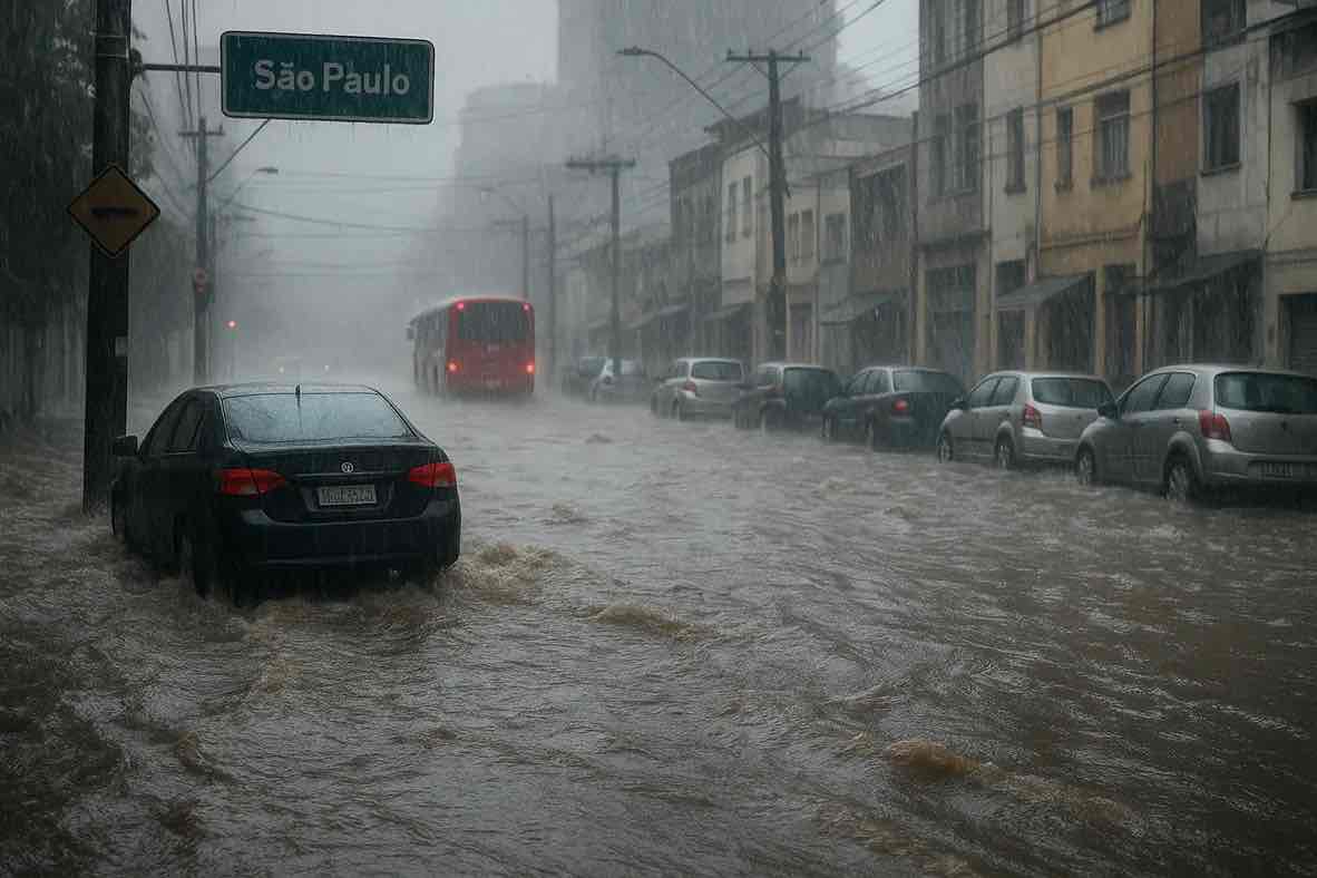 Flooded São Paulo street showing the impact of extreme weather in Brazil during a sudden Toró storm.