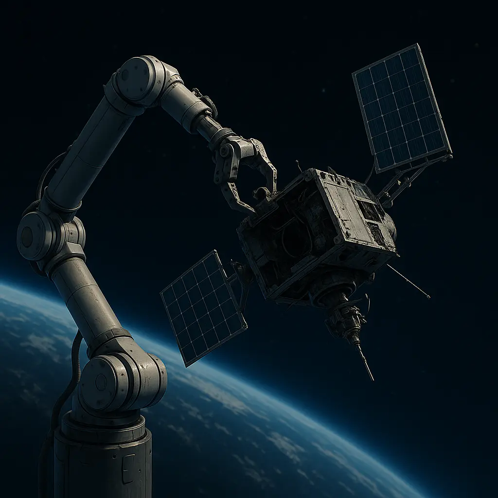 AI-generated image of a robotic arm capturing a broken satellite
