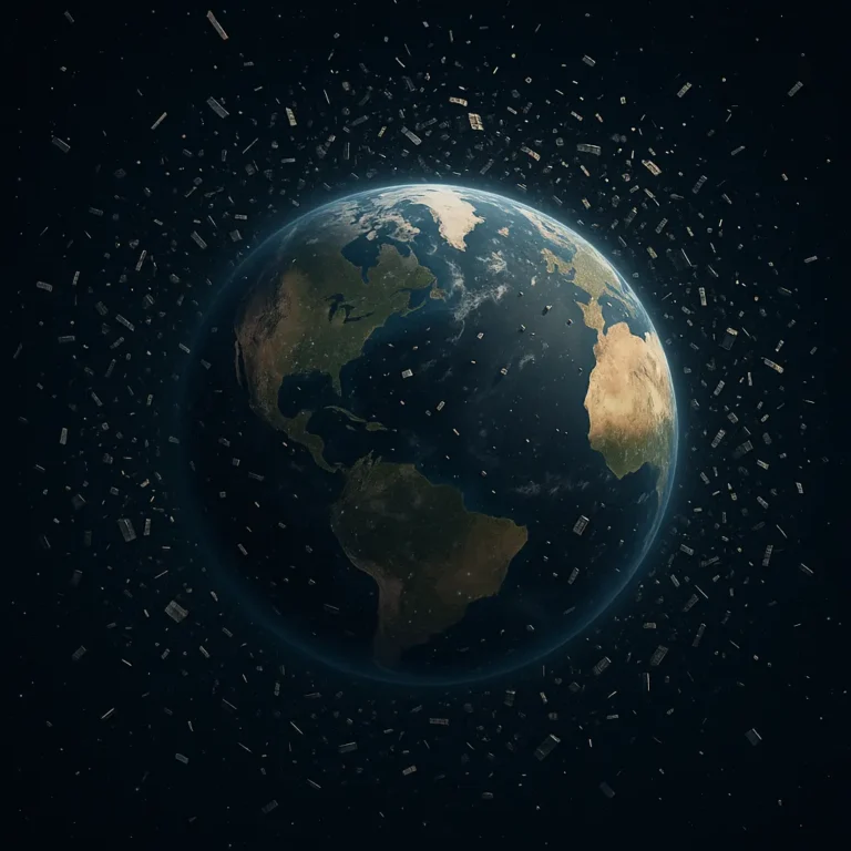 AI-generated image of space debris orbiting Earth” Title: “Space Debris Around Earth