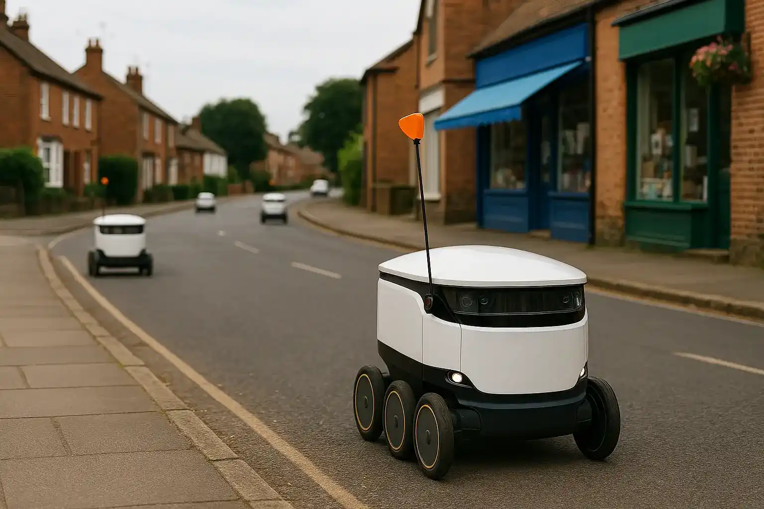 Delivery robots in the UK navigating a small British town street