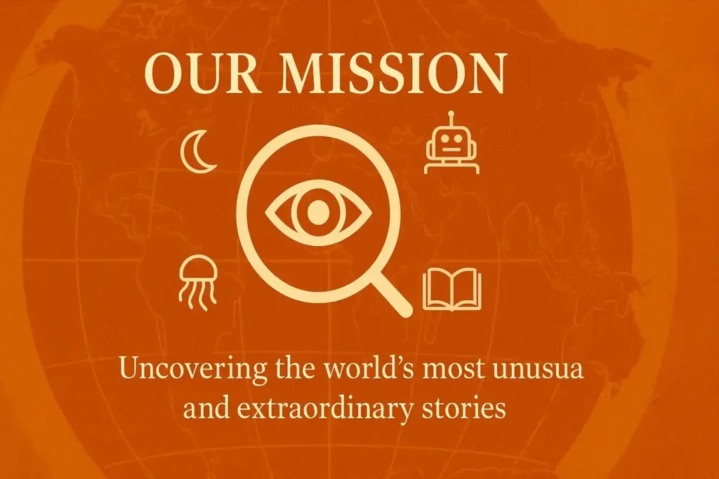 A graphic with the text “Our Mission: Uncovering the world’s most unusual and extraordinary stories,” featuring icons of a robot, jellyfish, moon, and a book on an orange world map background.