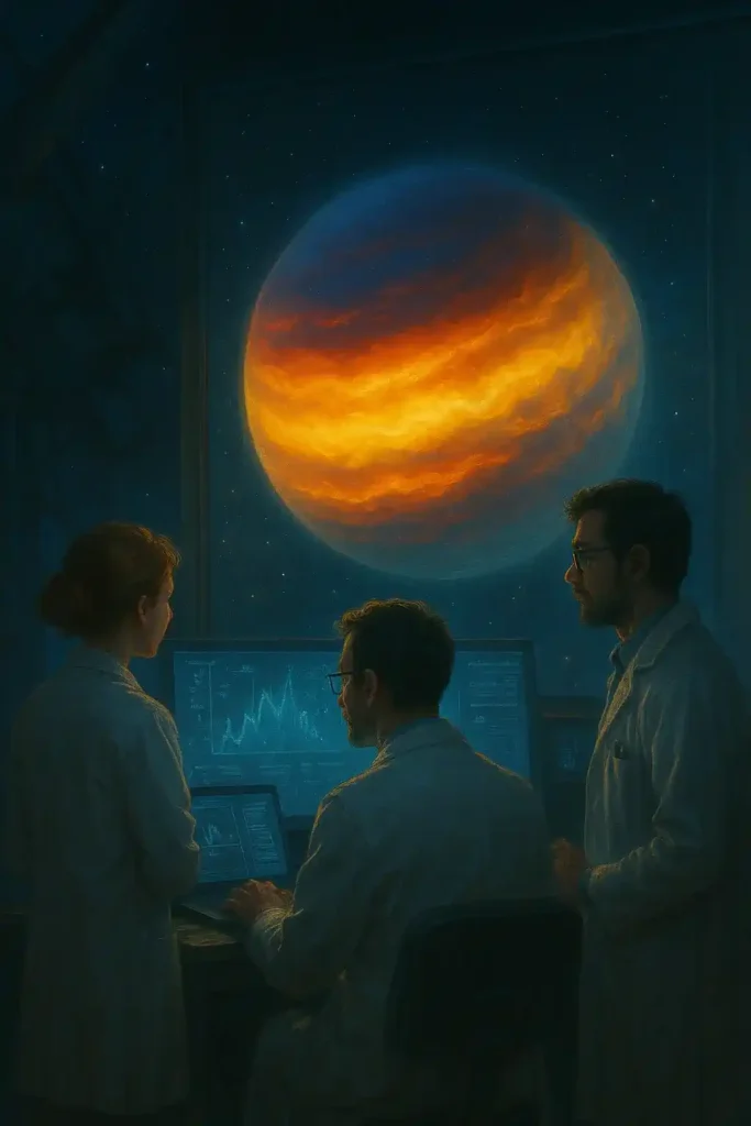 AI rendering of scientists studying a strange alien world