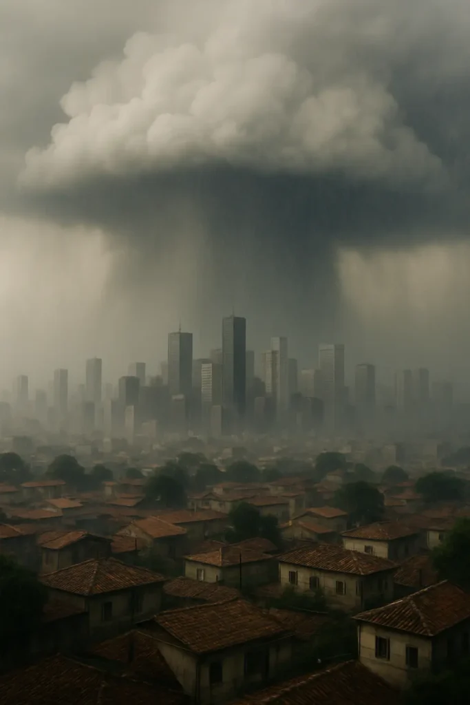 A dense tropical rainstorm illustrating extreme weather in Brazil over a major city during a Toró event.
