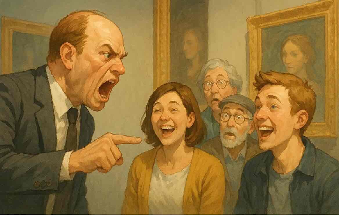 The angry museum guide shouting at surprised visitors in Kunstpalast Düsseldorf.